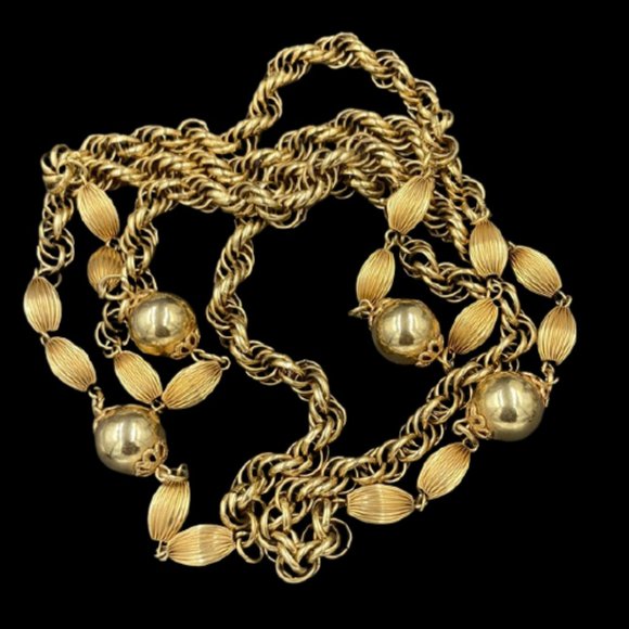 Flirty Long Vintage Gold Bead and Chain Necklace - Picture 1 of 5